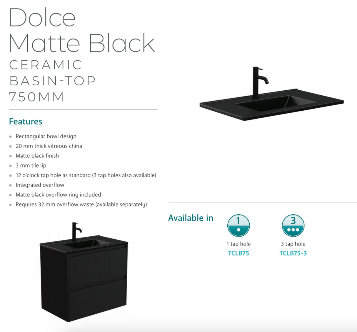 Fienza Dolce Tclb75Zkl 750Mm Matte Black Fingerpull Satin White Vanity On Kickboard Left Drawers -