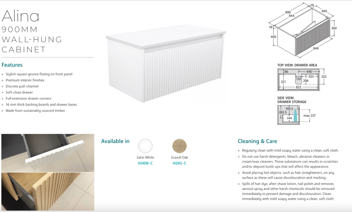 Fienza TCLB90RW 900 Dolce Matte Black Alina Satin White Wall-Hung Vanity