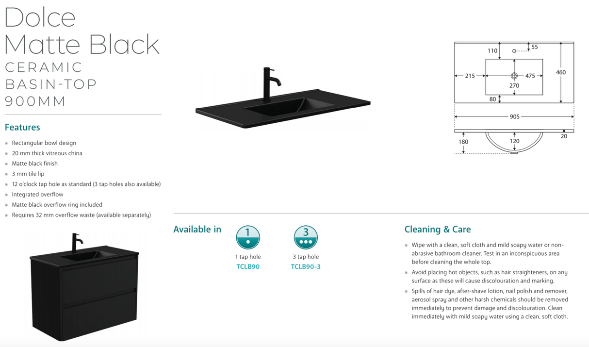 Fienza TCLB90RW 900 Dolce Matte Black Alina Satin White Wall-Hung Vanity