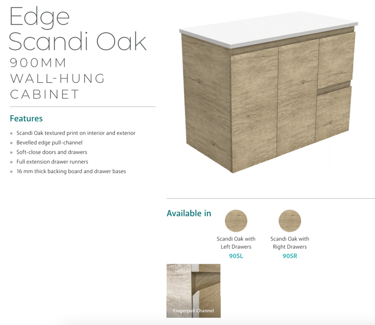 Fienza Tclb90Sr 900Mm Dolce Matte Black Scandi Oak Wall Hung Vanity Right Drawers - Special Order