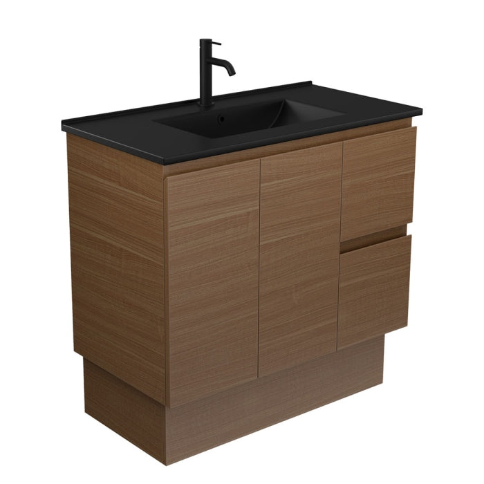 Fienza TCLB90WAKR Dolce Matte Black Edge Walnut 900 Vanity on Kickboard, Right Drawers