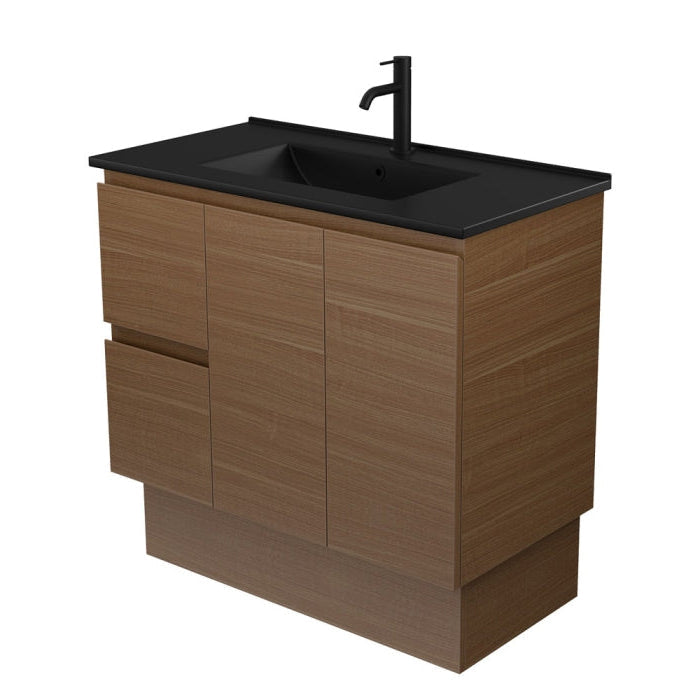 Fienza TCLB90WAKL Dolce Matte Black Edge Walnut 900 Vanity on Kickboard, Left Drawers