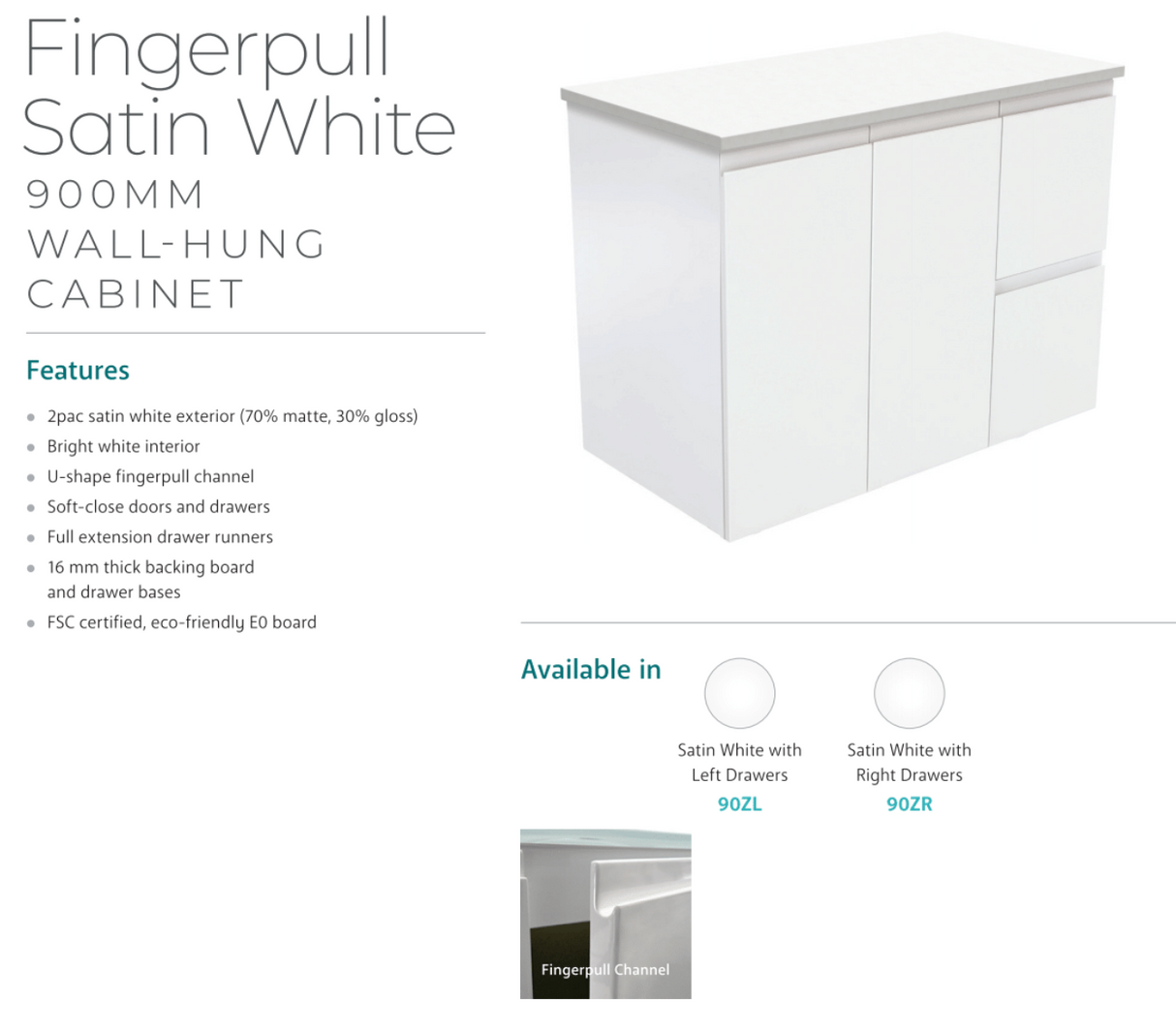 Fienza Tclb90Zl 900Mm Dolce Matte Black Fingerpull Satin White Wall Hung Vanity Left Drawers -