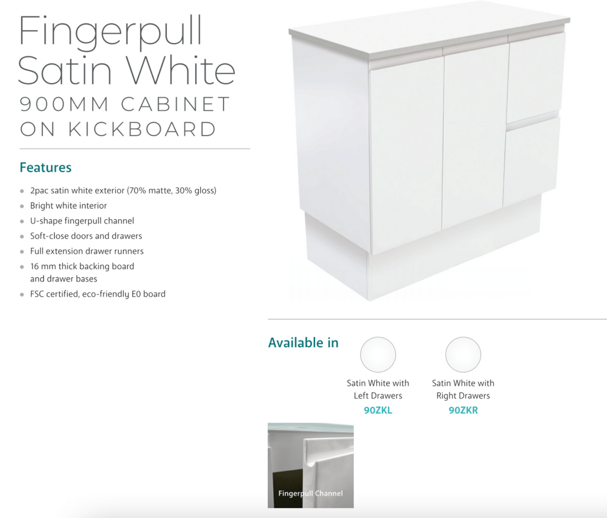 Fienza 900Mm Tclb90Zkr Dolce Matte Black Fingerpull Satin White Vanity On Kickboard Right Drawers -