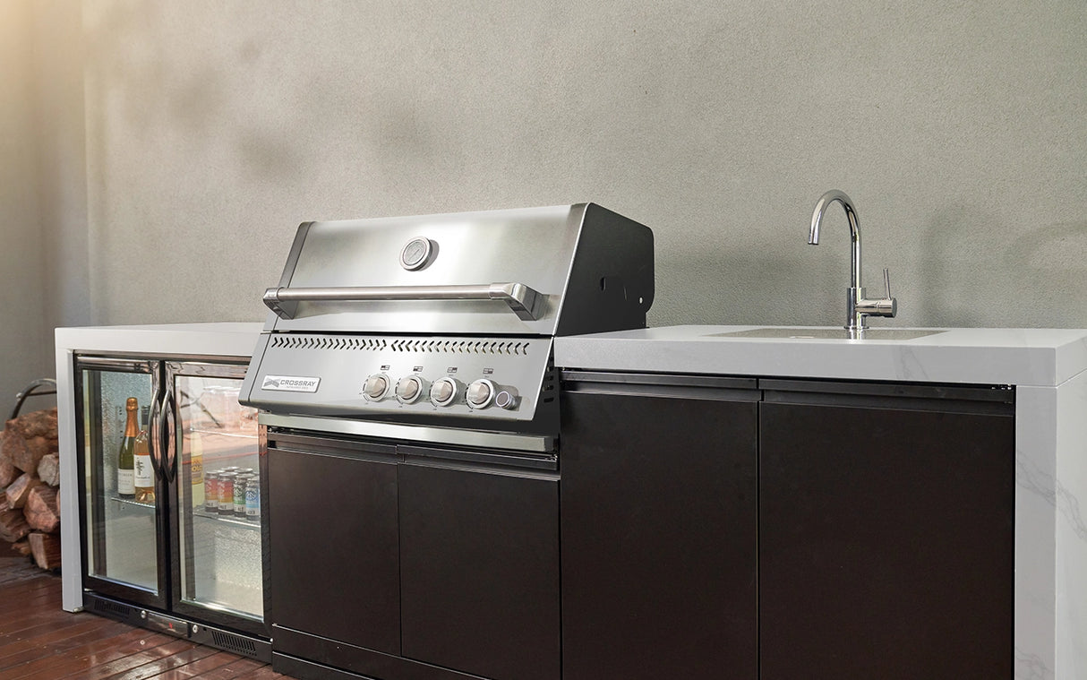 CROSSRAY GD4KW-09 Premium XPlor 4 Burner Black Finish Gas BBQ Outdoor Kitchen with Drinks Fridge, White Top