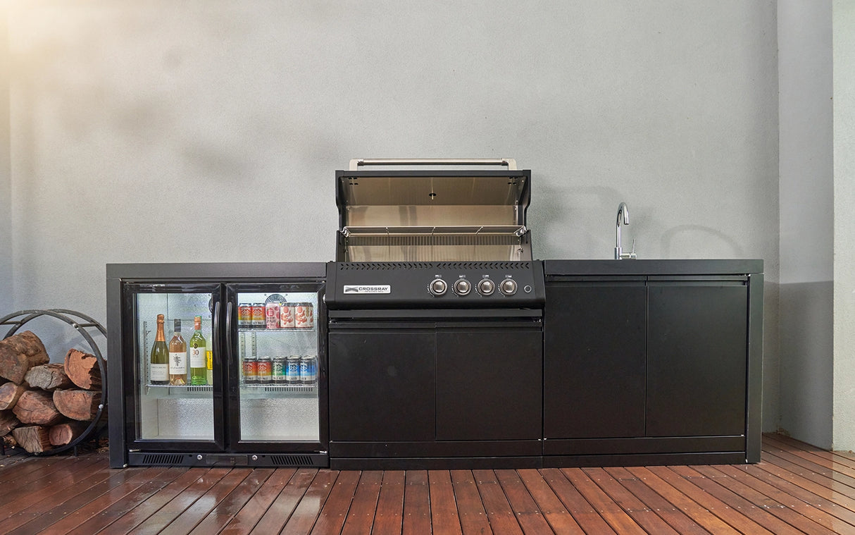 CROSSRAY GD4KW-09 Premium XPlor 4 Burner Black Finish Gas BBQ Outdoor Kitchen with Drinks Fridge, White Top
