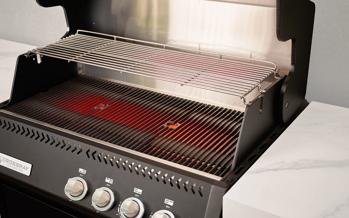 CROSSRAY GD4KW-09 Premium XPlor 4 Burner Black Finish Gas BBQ Outdoor Kitchen with Drinks Fridge, White Top