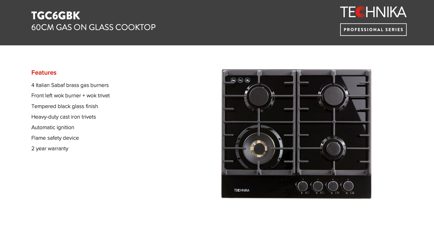 Technika TGC6GBK 60cm Black Glass Gas Cooktop