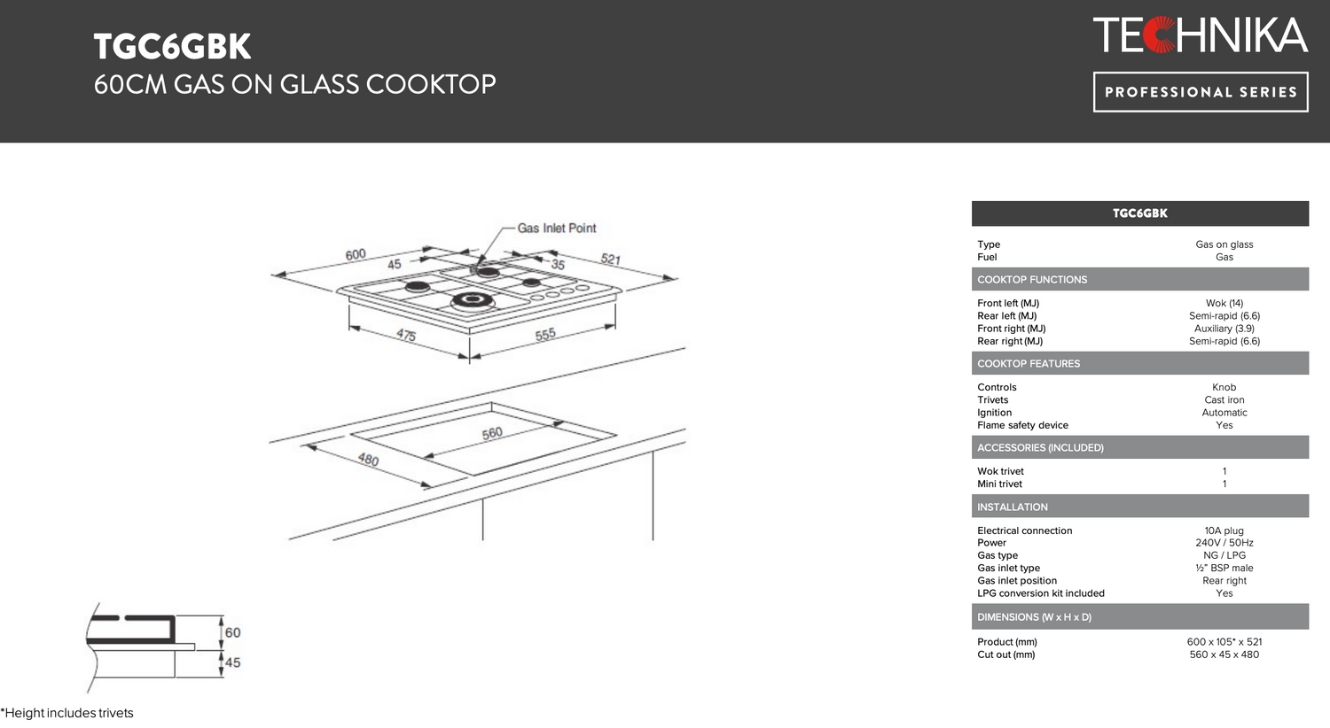 Technika TGC6GBK 60cm Black Glass Gas Cooktop