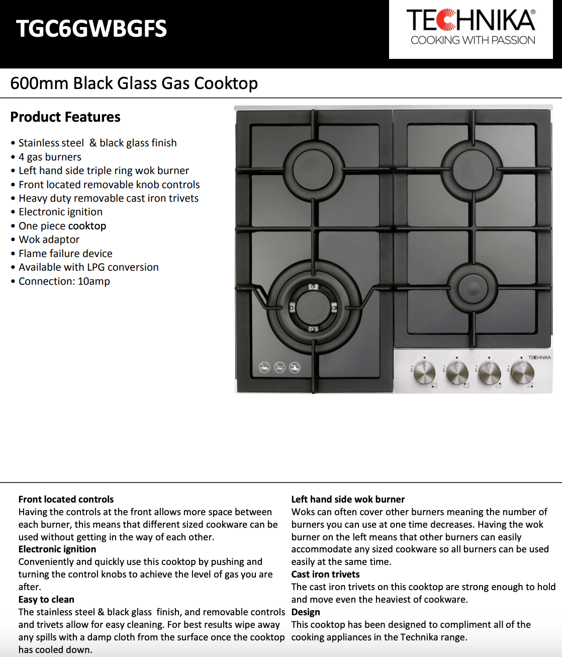 Technika TGC6GWBGFS 60cm 4 Burner Gas Glass Cooktop