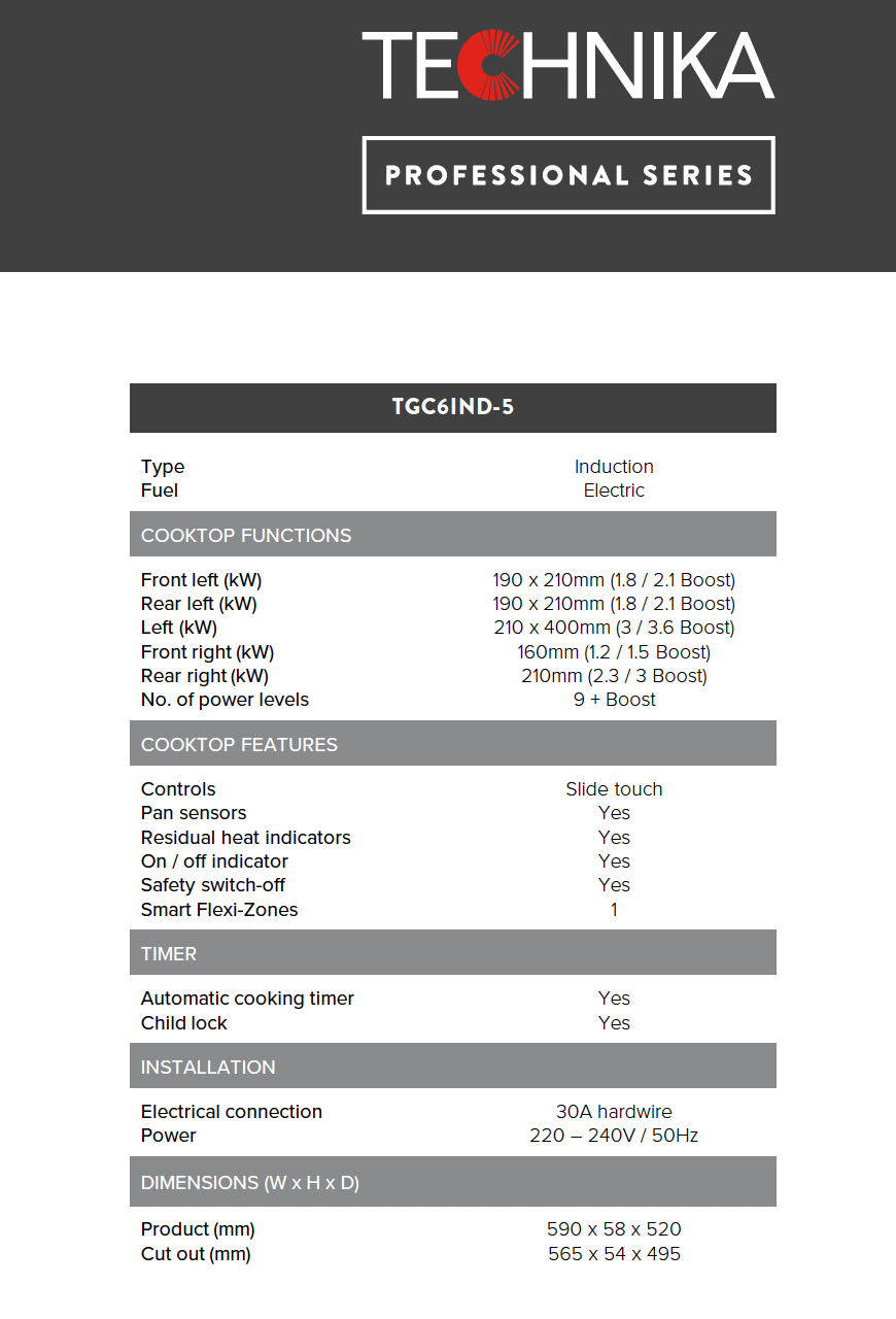 Technika TGC6IND-5 60cm Smart Flexi Zone Induction Cooktop - Black Friday Sale!!!