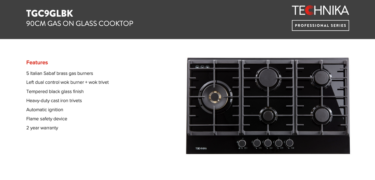 Technika TKGCT90BGA1 90cm Black Glass Gas Cooktop
