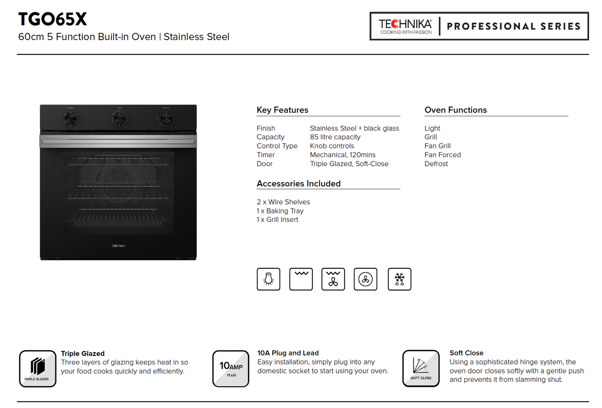 Technika TGO65X 60cm Black Glass Electric Oven, 10amp Plug - Black Friday Sale!!!