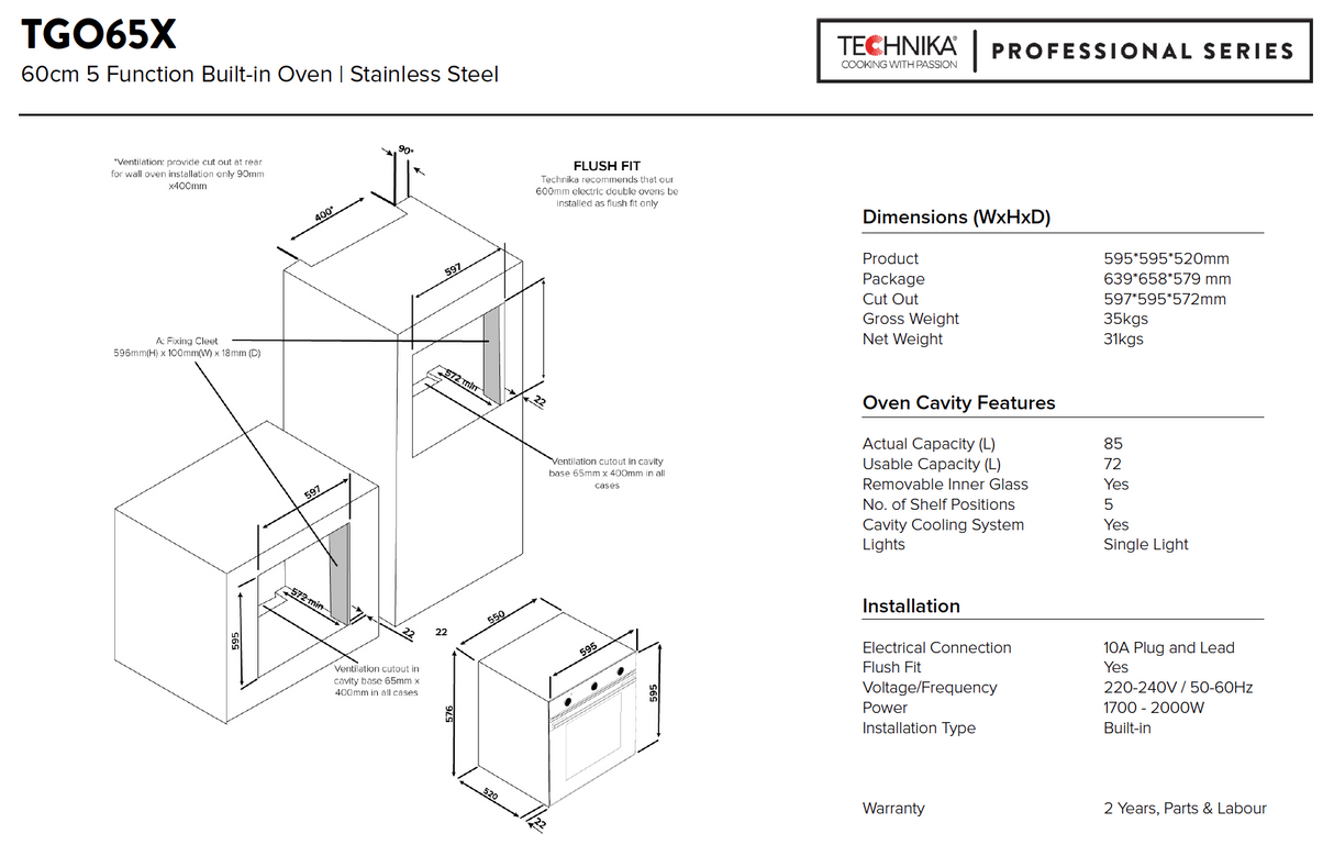 Technika TGO65X 60cm Black Glass Electric Oven, 10amp Plug - Black Friday Sale!!!