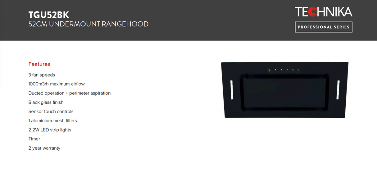 Technika TGU52BK 52cm Black Glass Undermount Rangehood