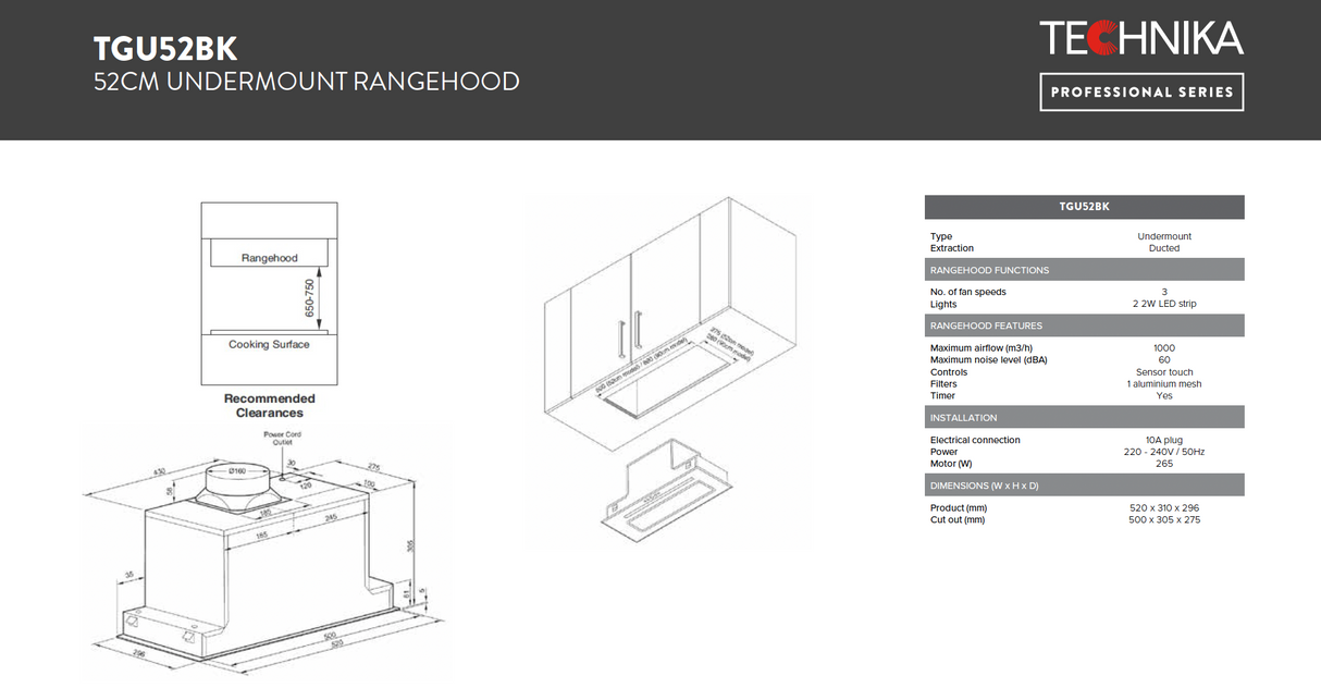 Technika TGU52BK 52cm Black Glass Undermount Rangehood