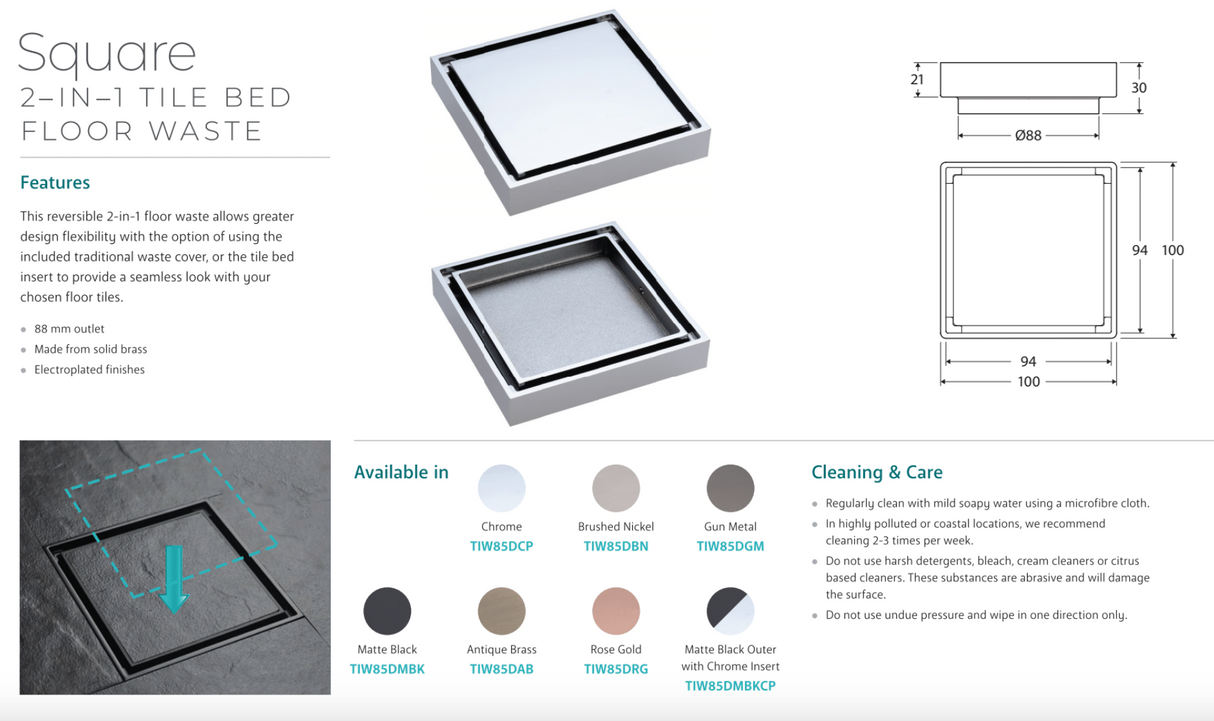 Fienza TIW85DBN Square Tile 2-in-1 Floor Waste, 88mm Outlet, Brushed Nickel