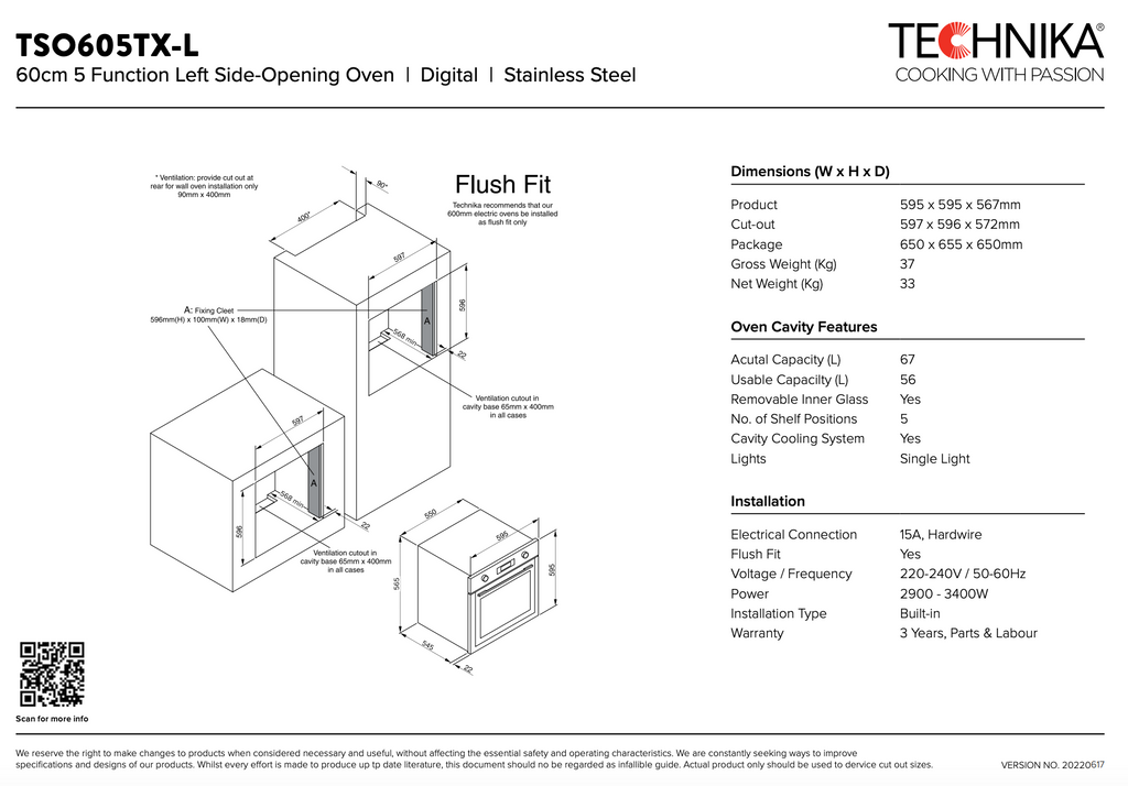 Technika TSO605TXL 60cm 5 Function BuiltIn Oven Clearance Discount