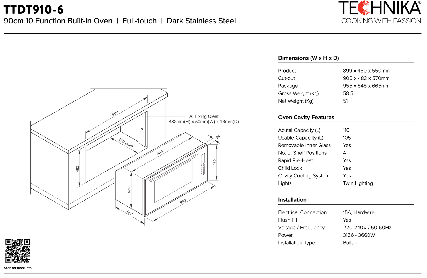 Technika TTDT910-6 90cm Electric Black Glass Built in Oven - Ex Display Discount