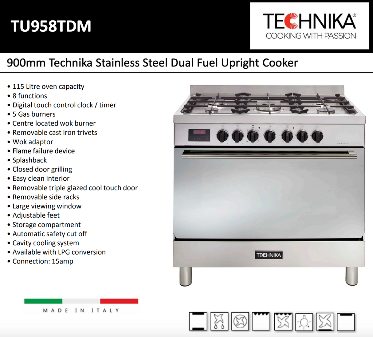 Technika Italian Made TU958TDM 90cm Dual Fuel Freestanding Stove - Seconds Discount