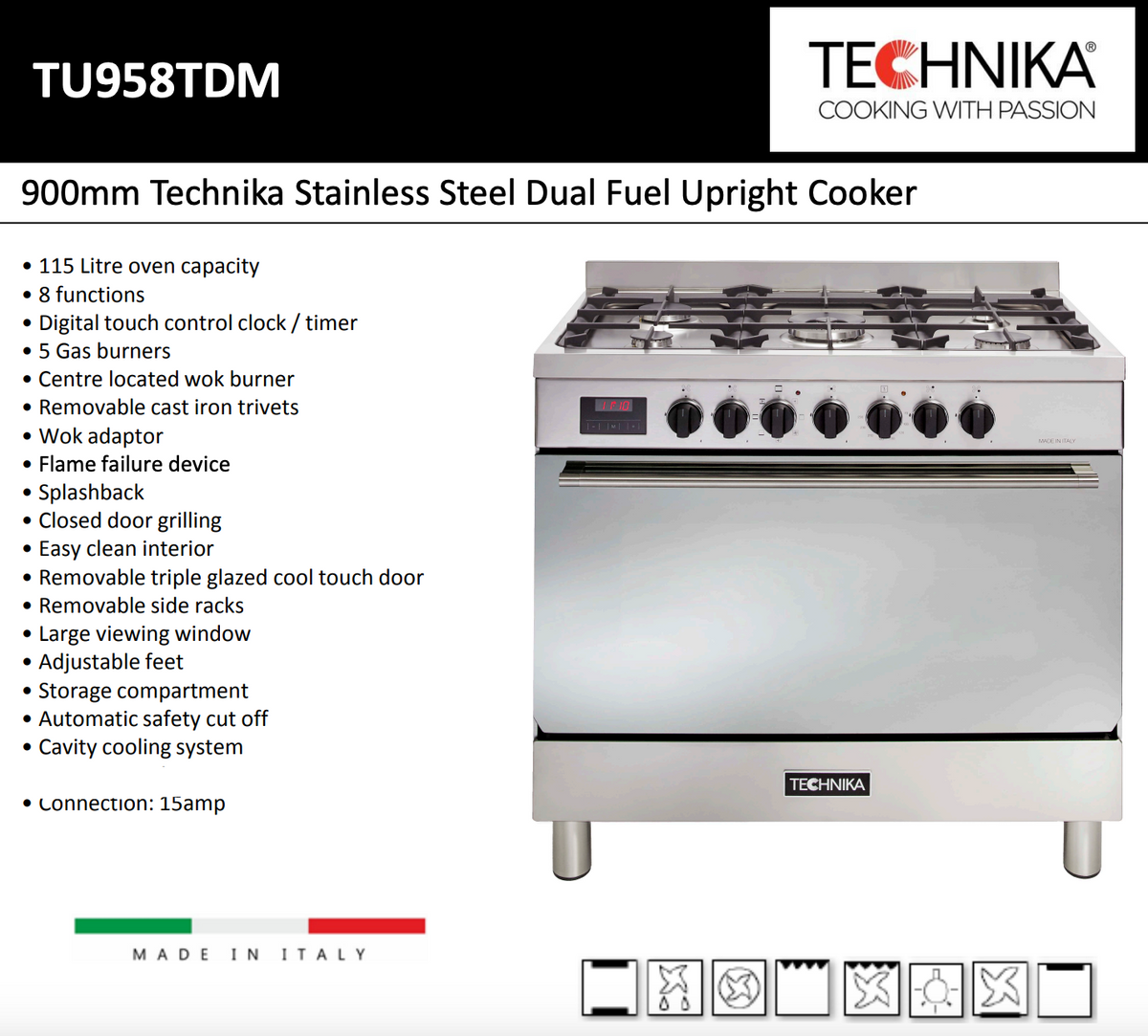 Technika Italian Made TU958TDM 90cm Dual Fuel Freestanding Stove