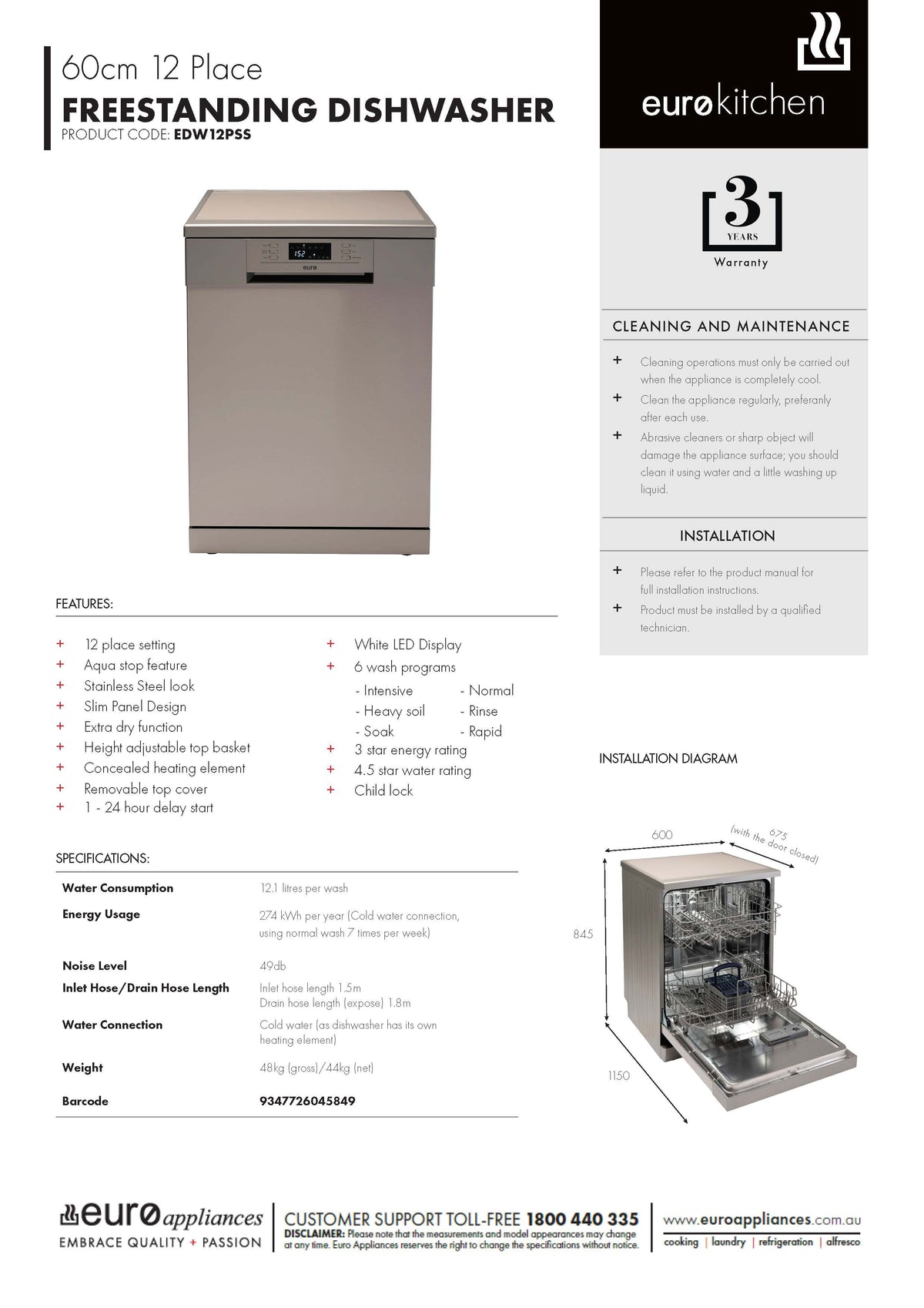 Euro Appliances EDW12PSS 60cm Stainless Steel Dishwasher