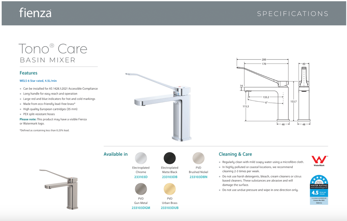 Fienza 233103DGM Tono Care Basin Mixer Gunmetal