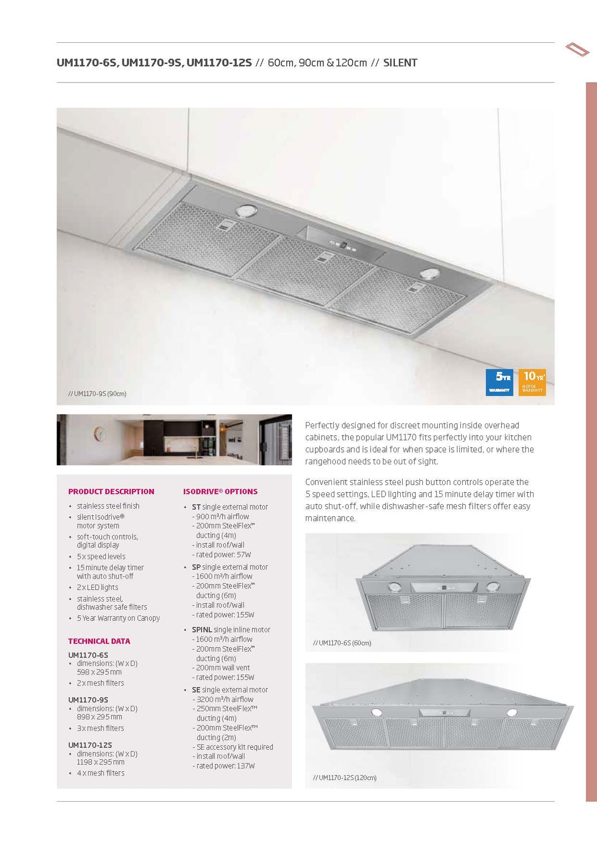 Schweigen UM1170-12SINL 120cm Silent Inline Motor Undermount Rangehood, 1600m3/hr, Stainless Steel