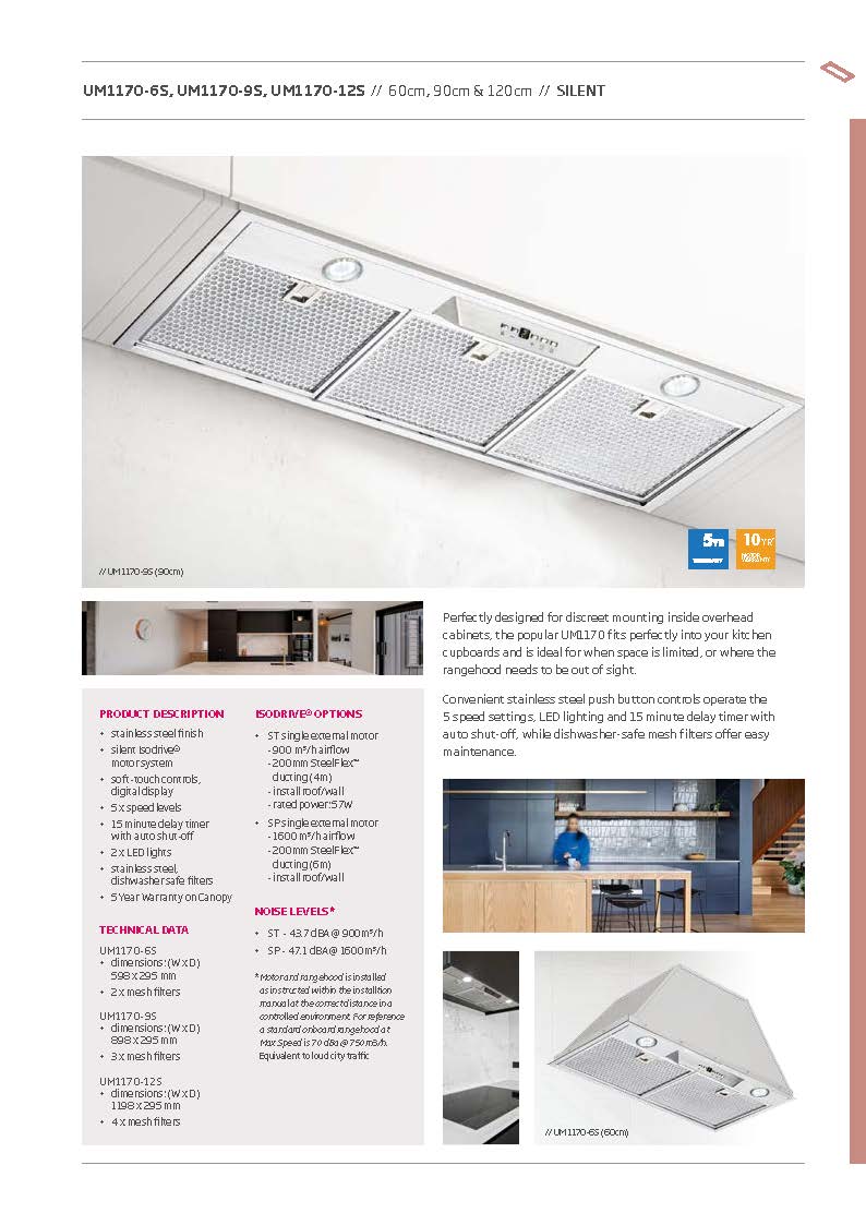 Schweigen UM1170-6SP 60cm Silent Undermount Rangehood, 1600m3/hr, Stainless Steel