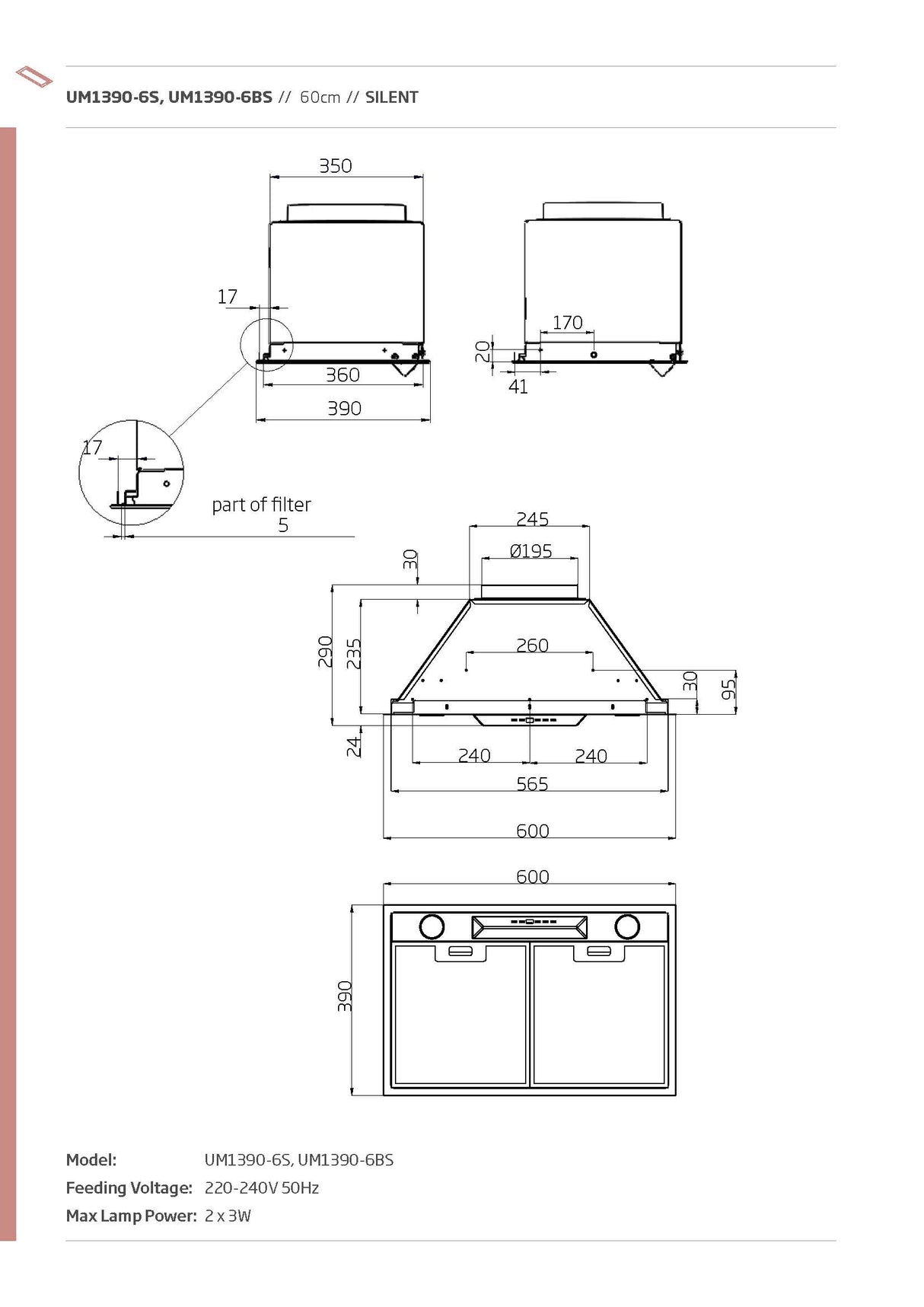 Schweigen UM1390-6BST 60cm Silent Undermount Rangehood, 900m3/hr, Matte Black