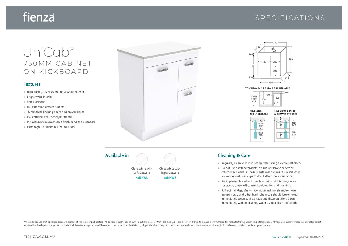 Fienza JOL75NKWL Joli Unicab 750 Vanity On Kickboard, Left Drawers