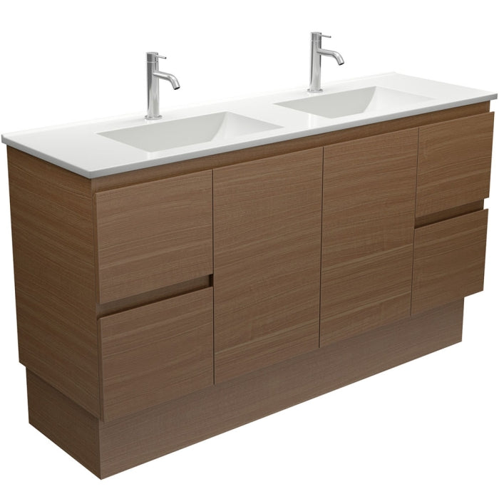Vanessa VAN150WAKD Edge Walnut 1500 Double Bowl Vanity On Kickboard