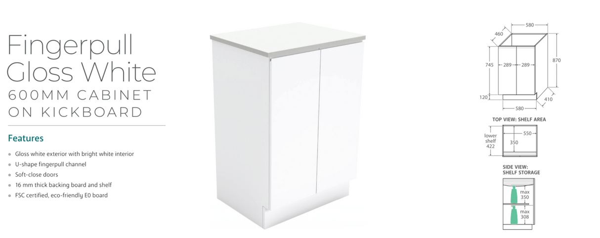 Fienza VAN60C Vanessa Fingerpull 600 Vanity on Kickboard, Gloss White