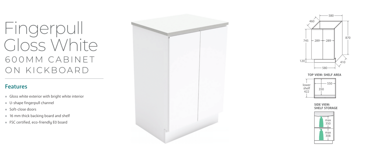 Fienza VAN60C Vanessa Fingerpull 600 Vanity on Kickboard, Gloss White