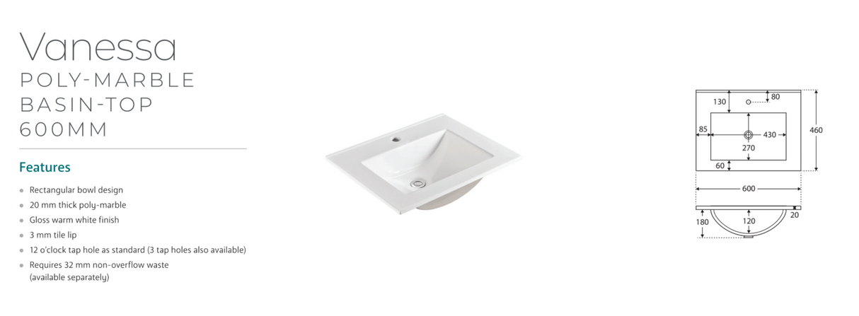 Fienza VAN60NKW Vanessa Unicab 600 Vanity on Kickboard, Gloss White