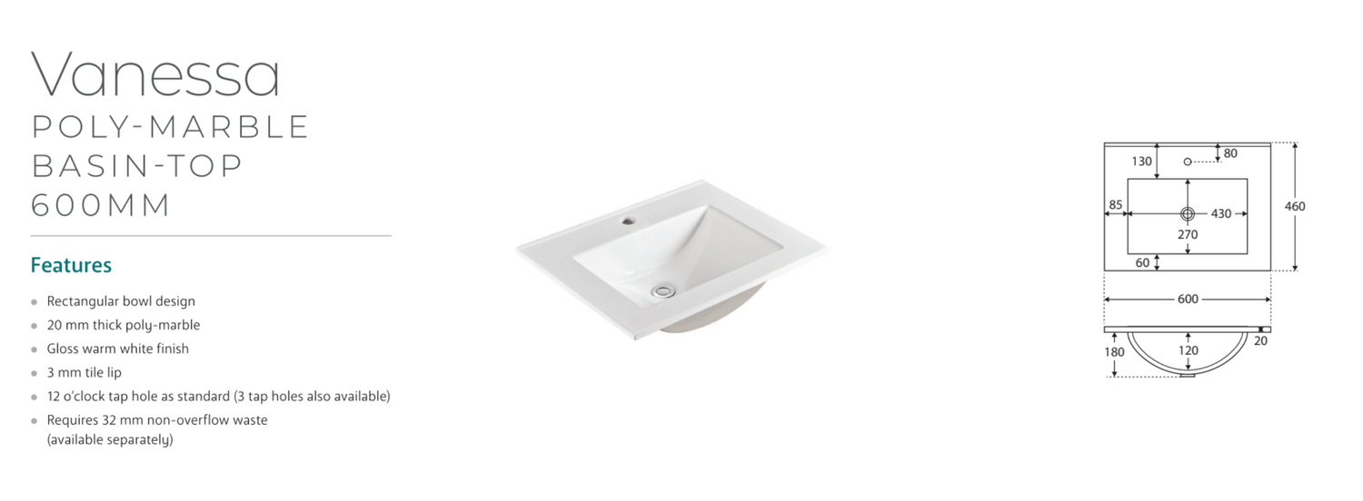 Fienza VAN60NKW Vanessa Unicab 600 Vanity on Kickboard, Gloss White