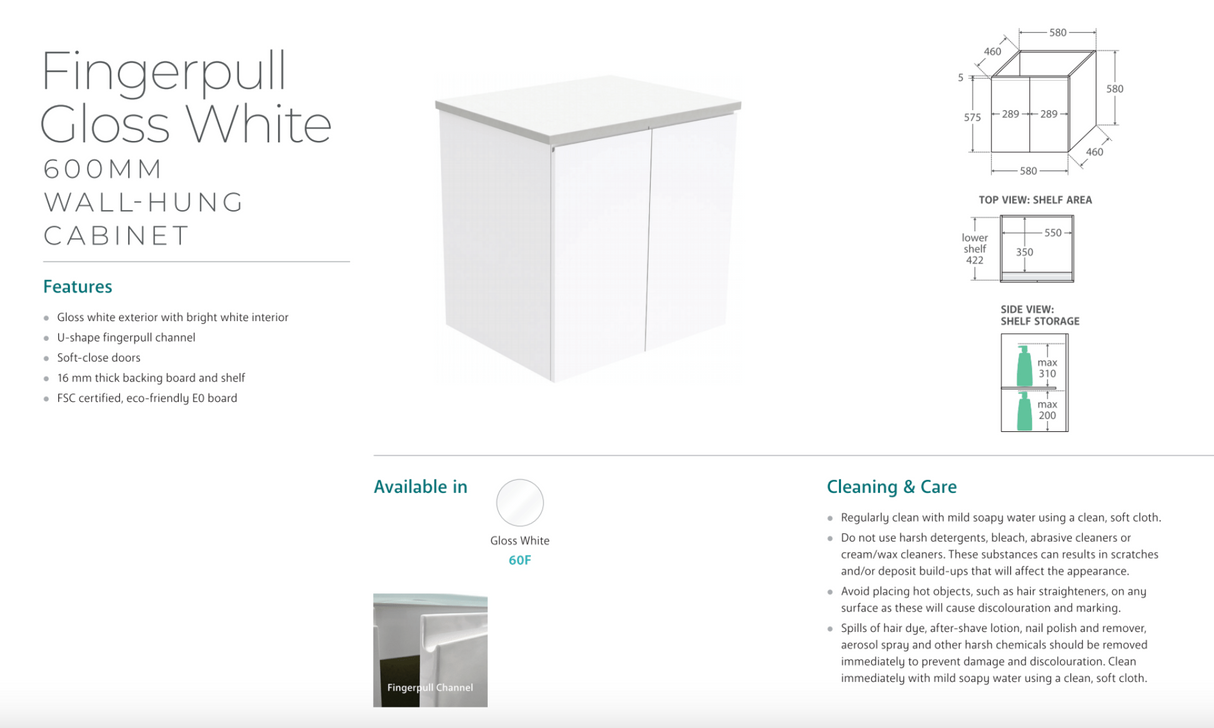 Fienza VAN60F Vanessa Fingerpull 600 Wall-Hung Vanity, Gloss White
