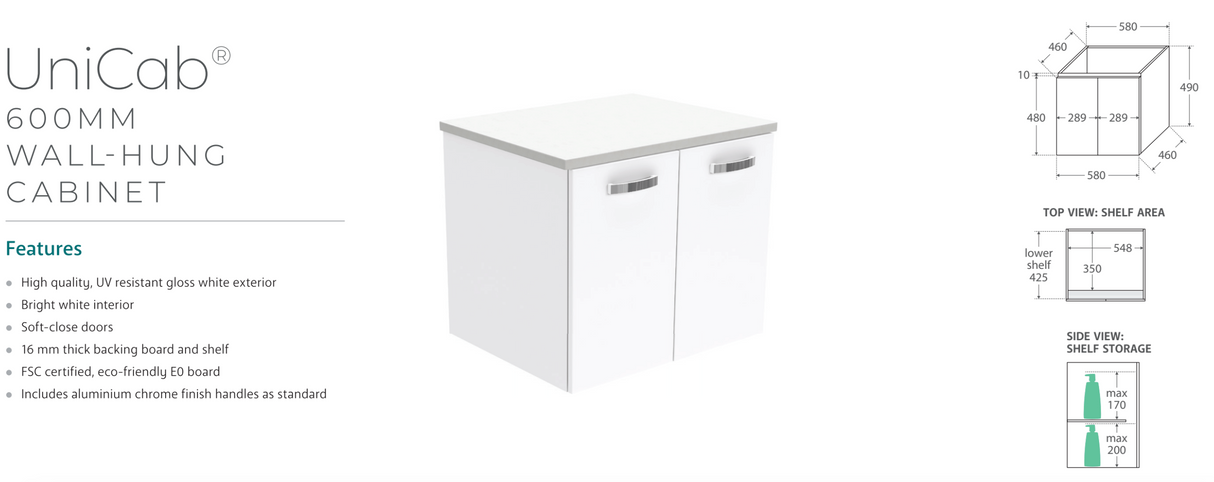 Fienza VAN60J Vanessa Unicab 600 Wall-Hung Vanity, Gloss White