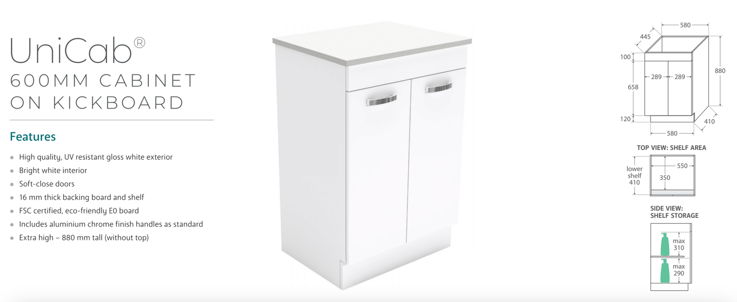 Fienza VAN60NKW Vanessa Unicab 600 Vanity on Kickboard, Gloss White