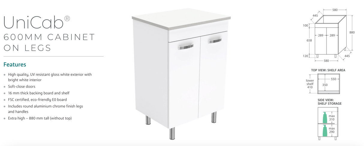 Fienza VAN60NLW Vanessa Unicab 600 Vanity on Legs, Gloss White