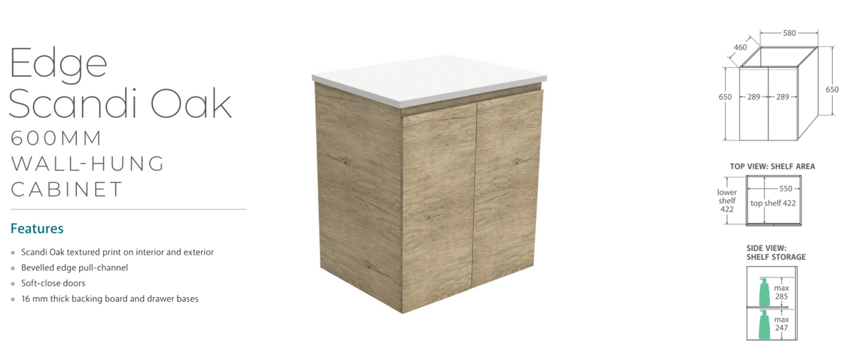 Fienza VAN60S Vanessa Fingerpull 600 Wall-Hung Vanity, Scandi Oak