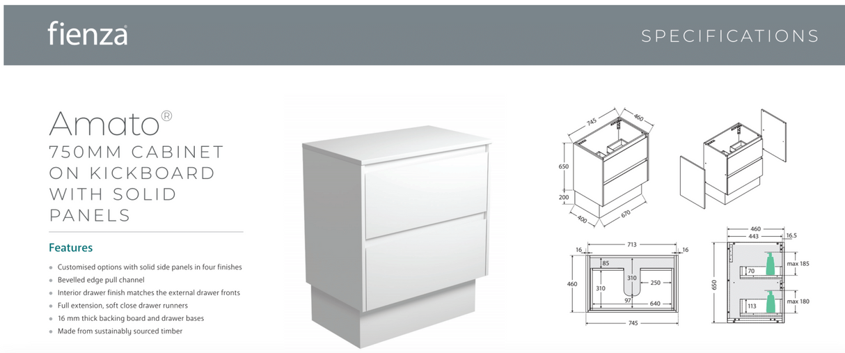 Fienza 75BBWK Amato 750 On Kickboard Cabinet, Satin White Panels, Satin Black, Cabinet Only