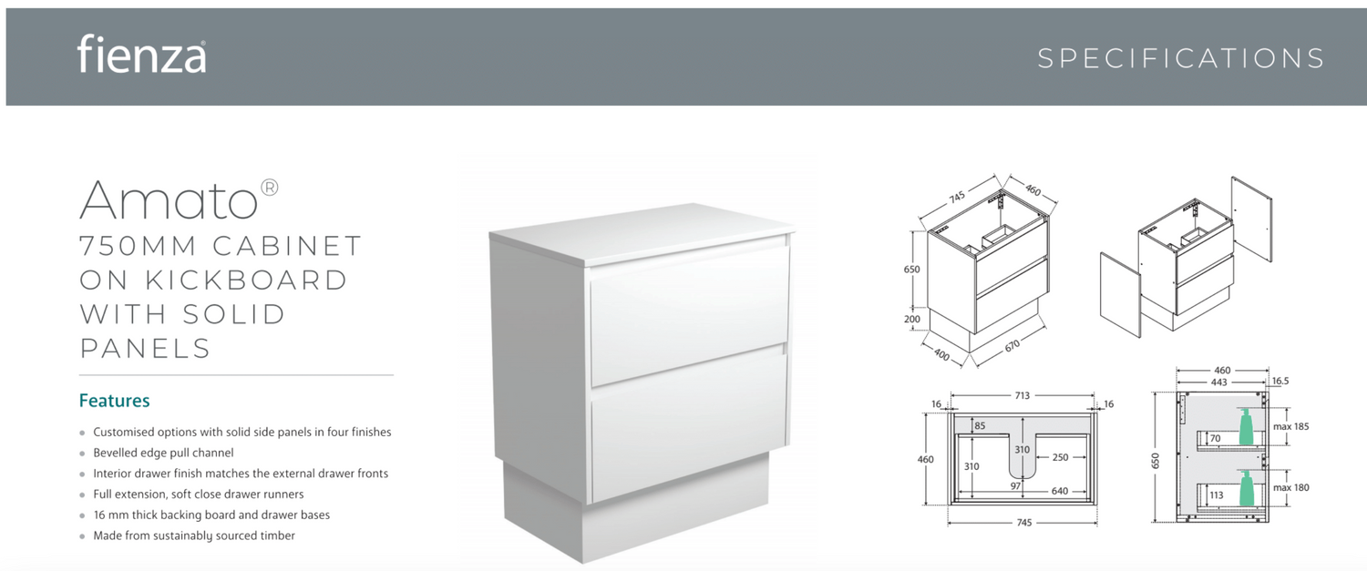 Fienza 75BBWK Amato 750 On Kickboard Cabinet, Satin White Panels, Satin Black, Cabinet Only