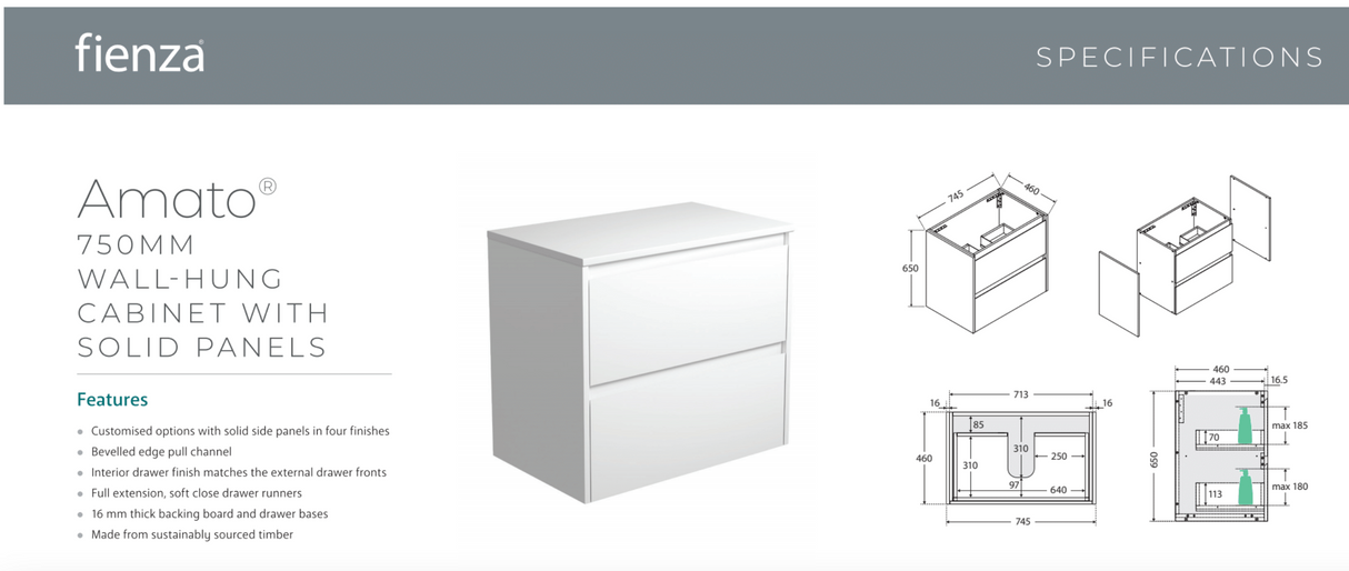 Fienza 75BWS Amato 750 Wall Hung Cabinet, Scandi Oak Panels, Satin White, Cabinet Only