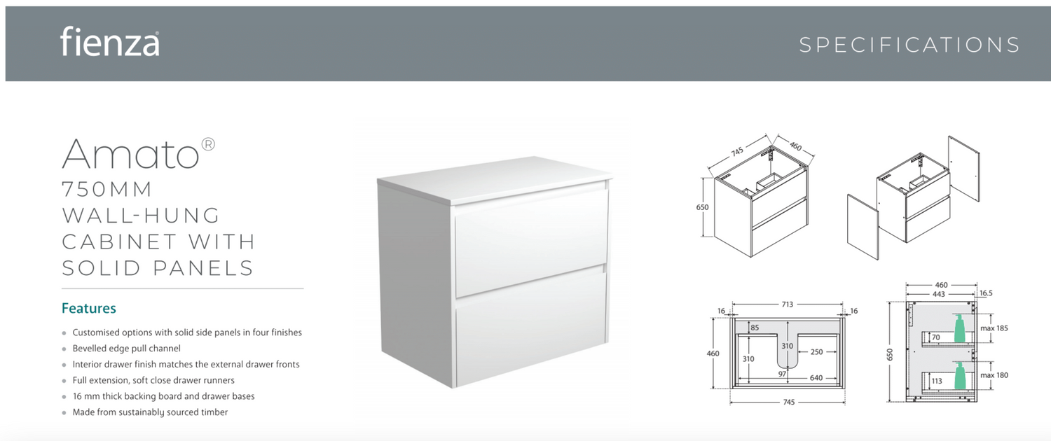 Fienza 75BW Amato 750 Wall Hung Cabinet, Satin White, Cabinet Only