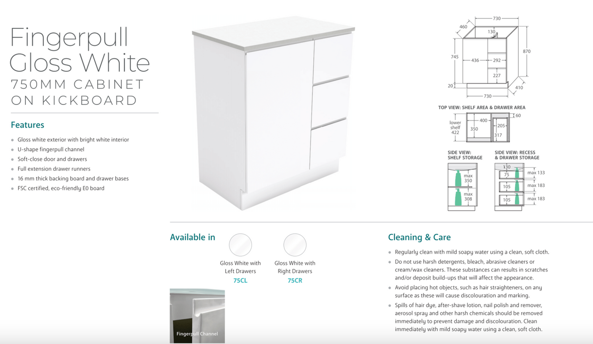 Fienza VAN75CR Vanessa Fingerpull Gloss White 750 Vanity on Kickboard, Right Drawers