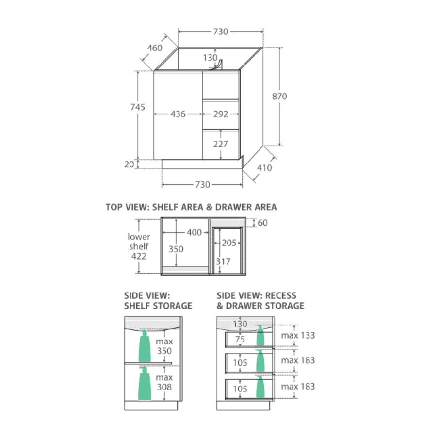 Fienza VAN75CR Vanessa Fingerpull Gloss White 750 Vanity on Kickboard, Right Drawers