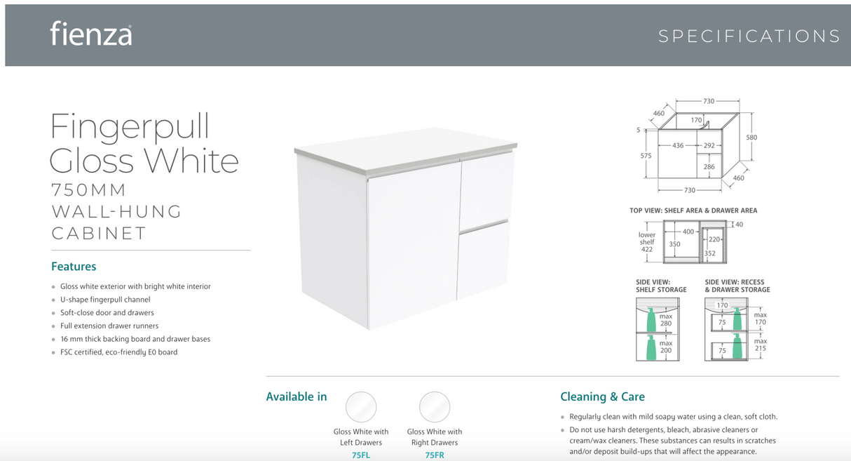 Fienza VAN75FR Vanessa Fingerpull Gloss White 750 Wall-Hung Vanity, Right Drawers
