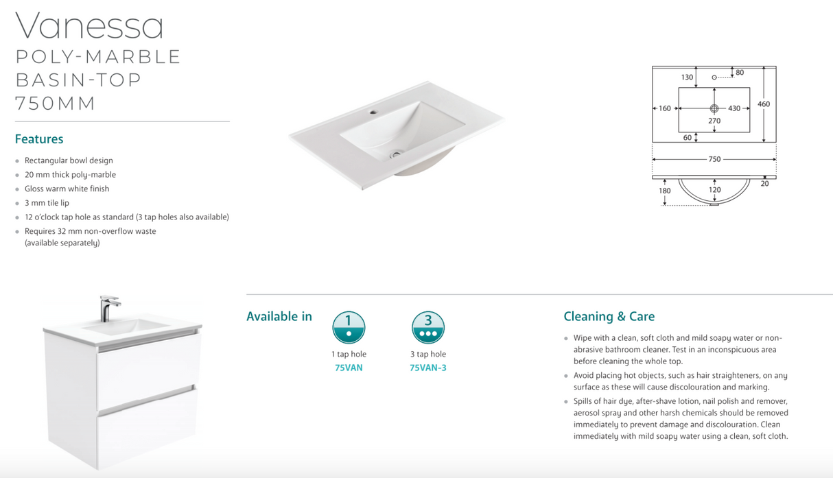 Fienza VAN75ZKL Vanessa Fingerpull Satin White 750 Vanity on Kickboard, Left Drawers