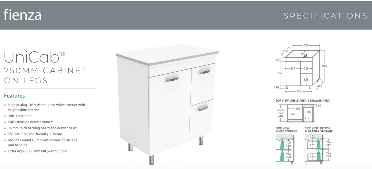 Fienza VAN75NLWR Vanessa Unicab 750 Vanity On Legs, Right Drawers